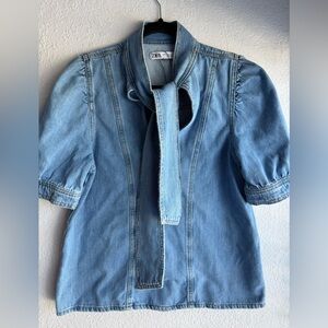 Zara Denim Tie-Neck Top
